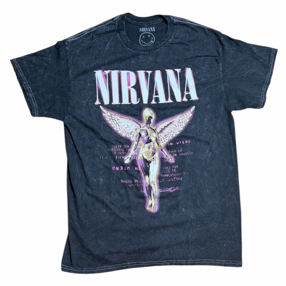 NIRVANA In Utero Black Acid Wash Band T-Shirt with Angel Design size Medium